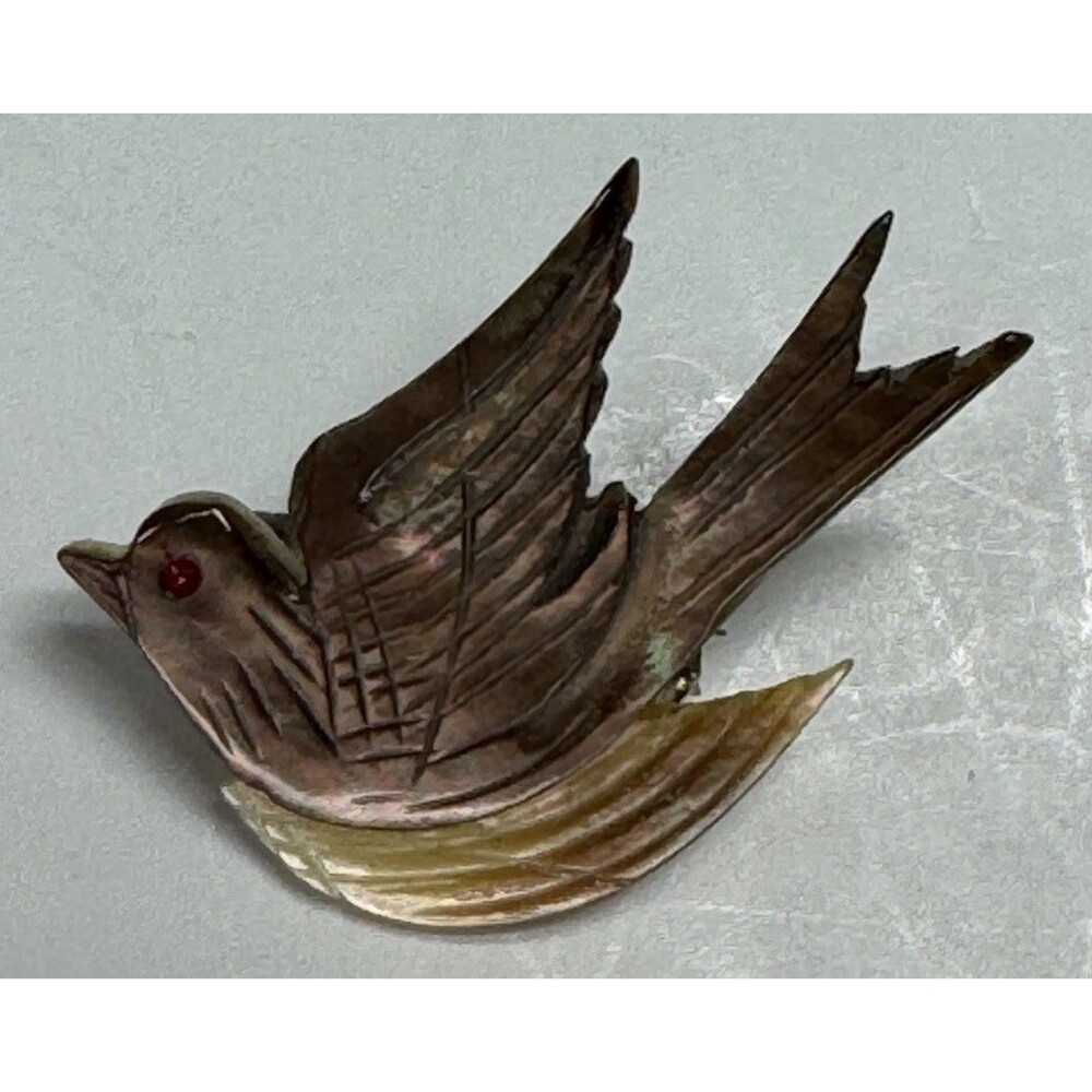 VTG Abalone Mother Of Pearl Bird Pin Carved Shell Peace Dove Brooch Lapel